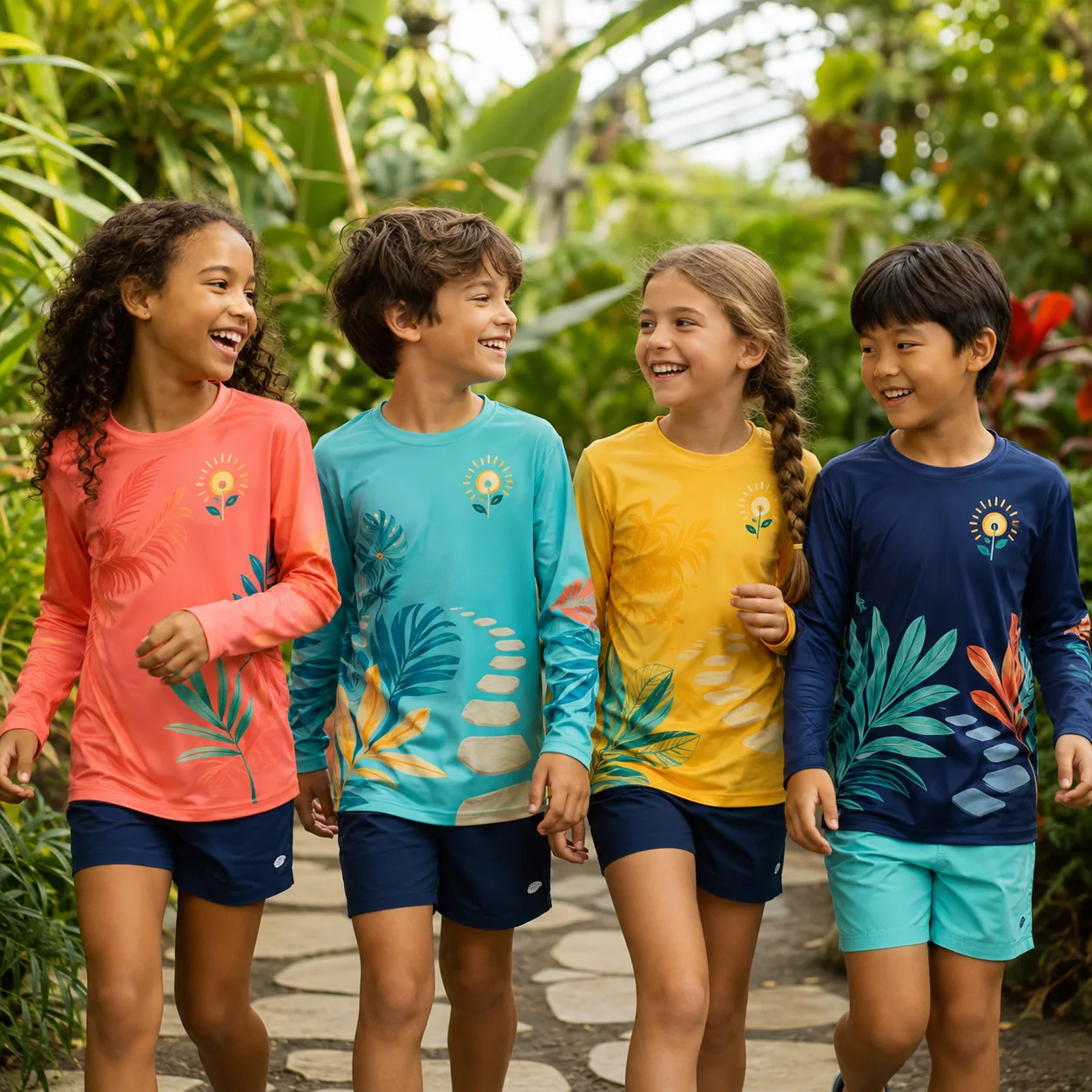 Four children in coral, aqua, yellow and navy long-sleeve sublimated club shirts with botanical artwork