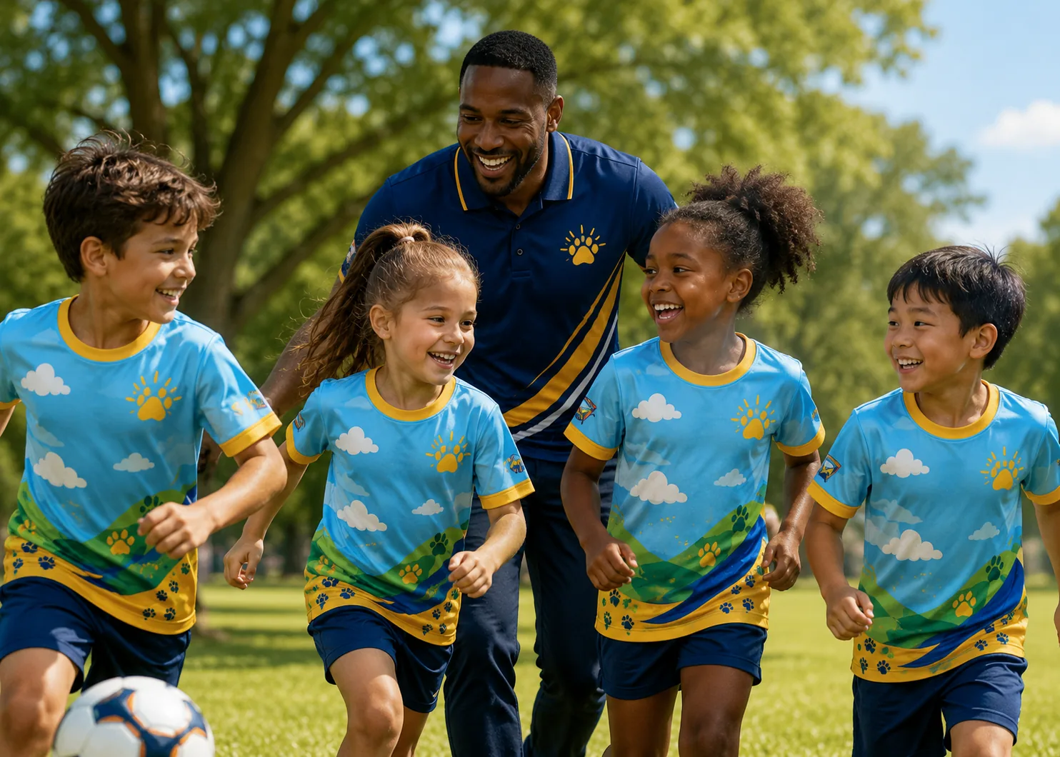 Adventurer club children playing in a park wearing light blue sublimated shirts beside a leader in a navy polo
