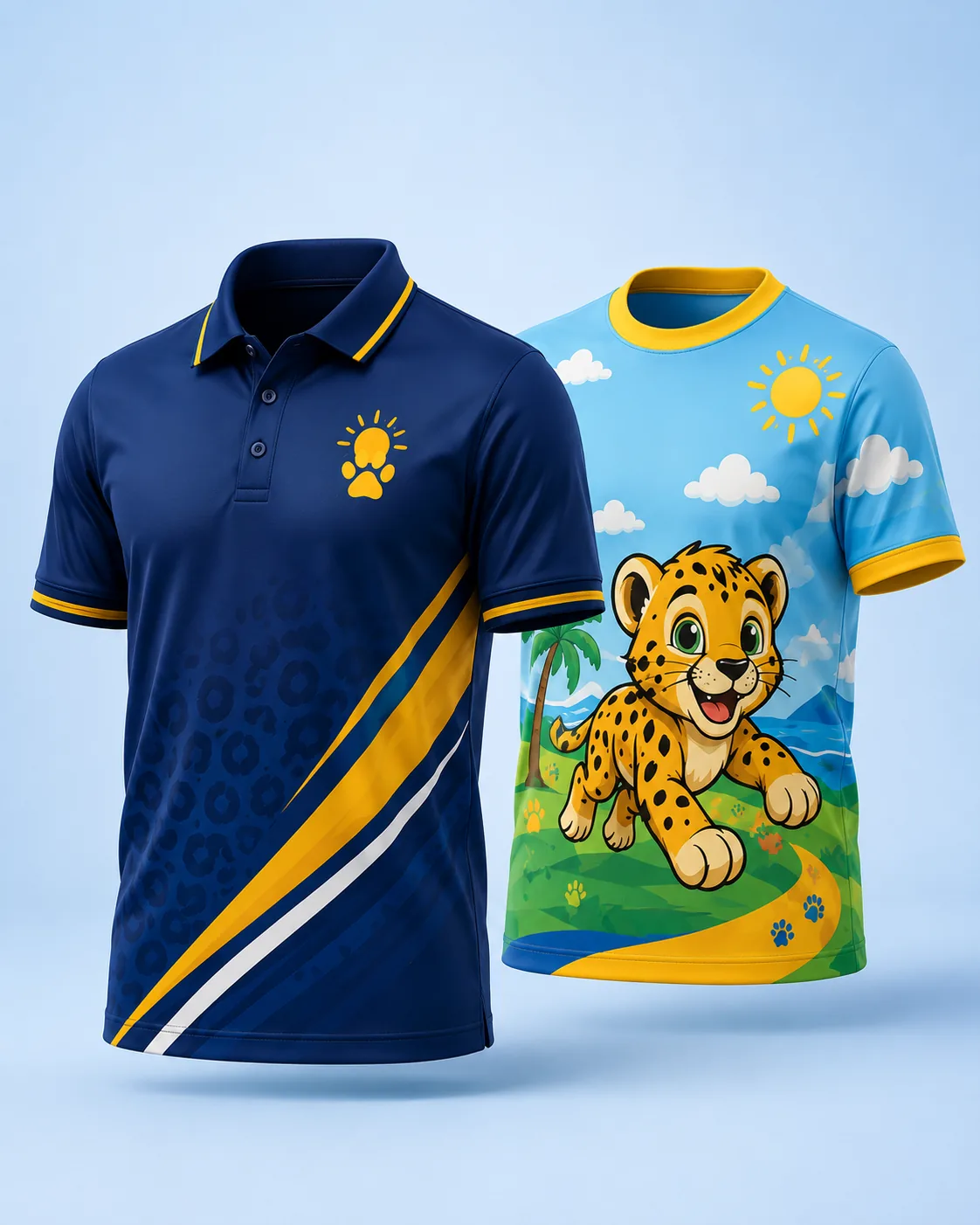 Navy staff polo beside a light blue illustrated Adventurer member crew neck