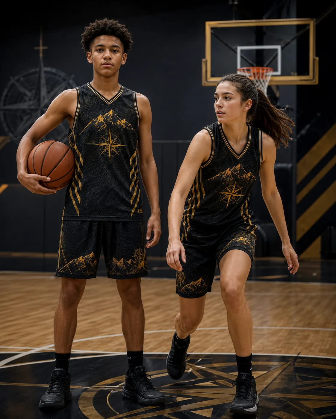 Coordinated black and gold basketball uniform system