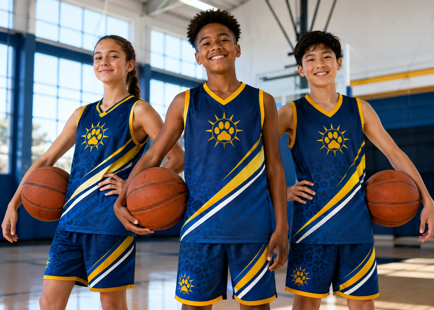 Three youth players in navy and gold sublimated basketball uniforms holding basketballs in a gym