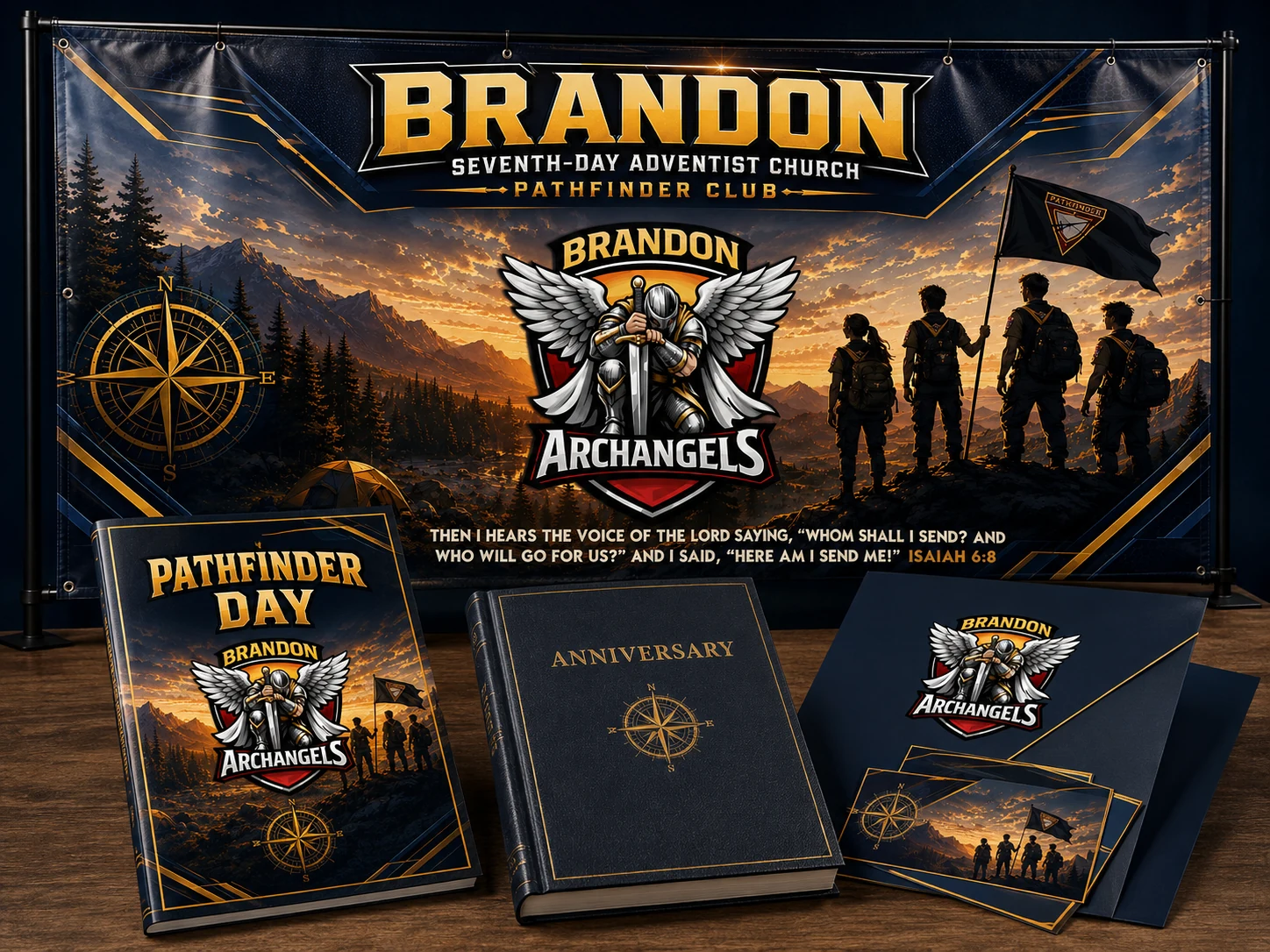 Coordinated Brandon Archangels print collection with banner, Pathfinder Day program, anniversary book and presentation folder