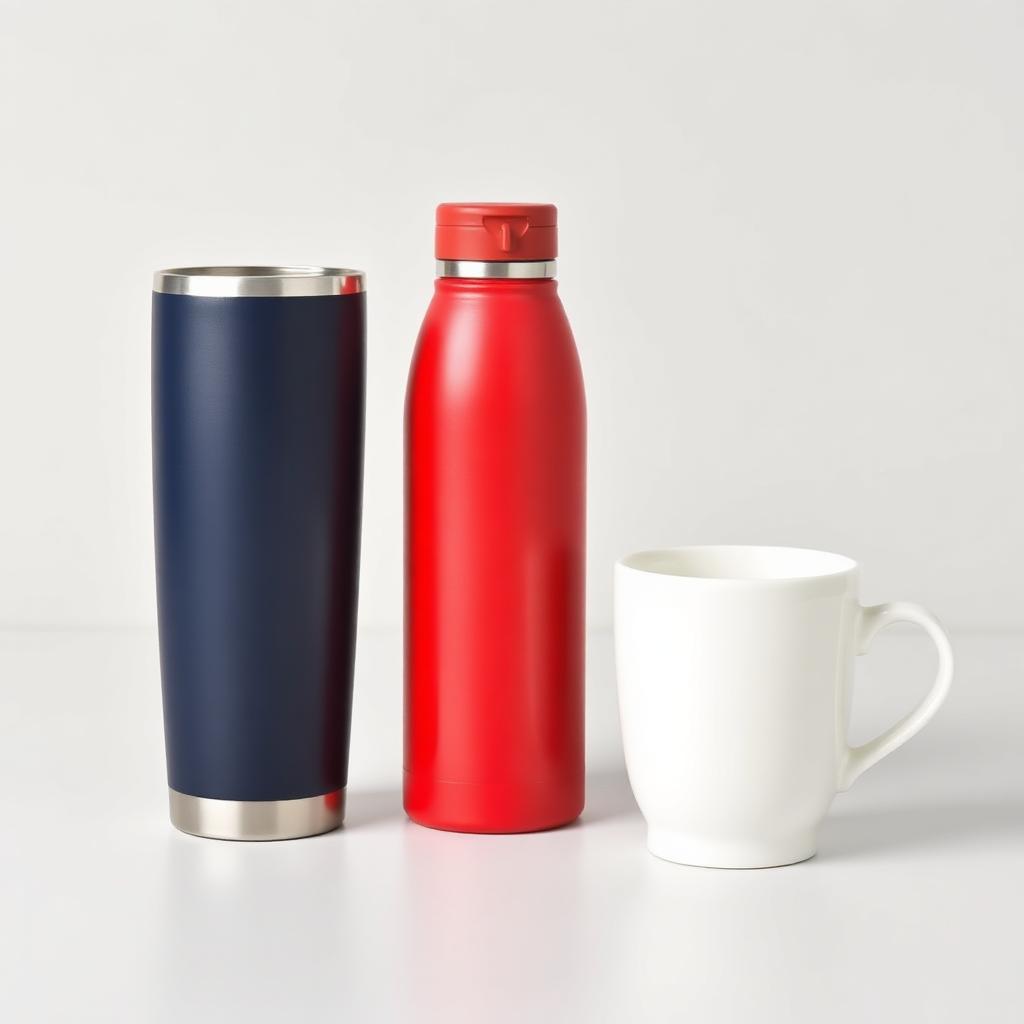 Navy and red drinkware in low studio light