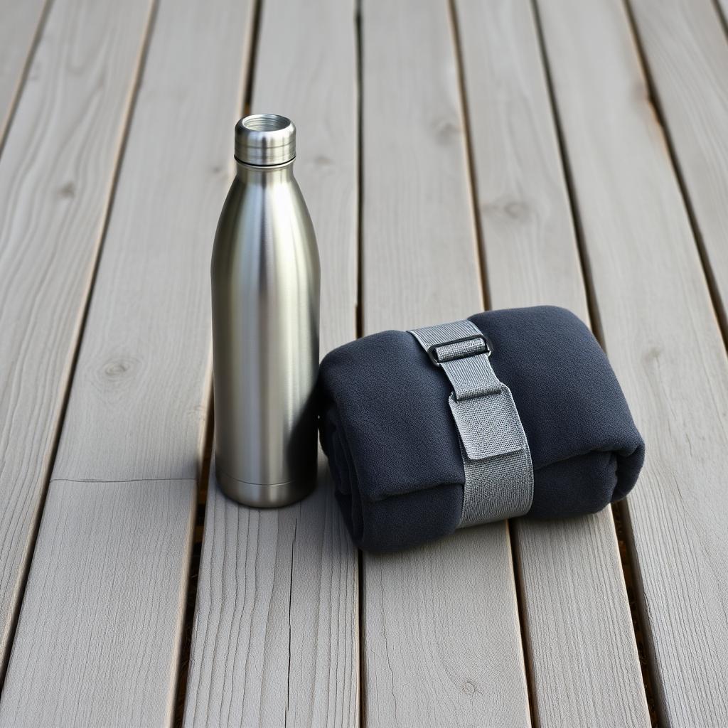 Camp drinkware and blanket staged on wood decking