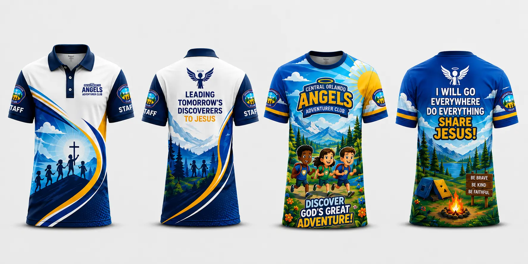 Central Orlando Angels staff polo and illustrated Adventurer member crew-neck shirts shown in clean front and back views