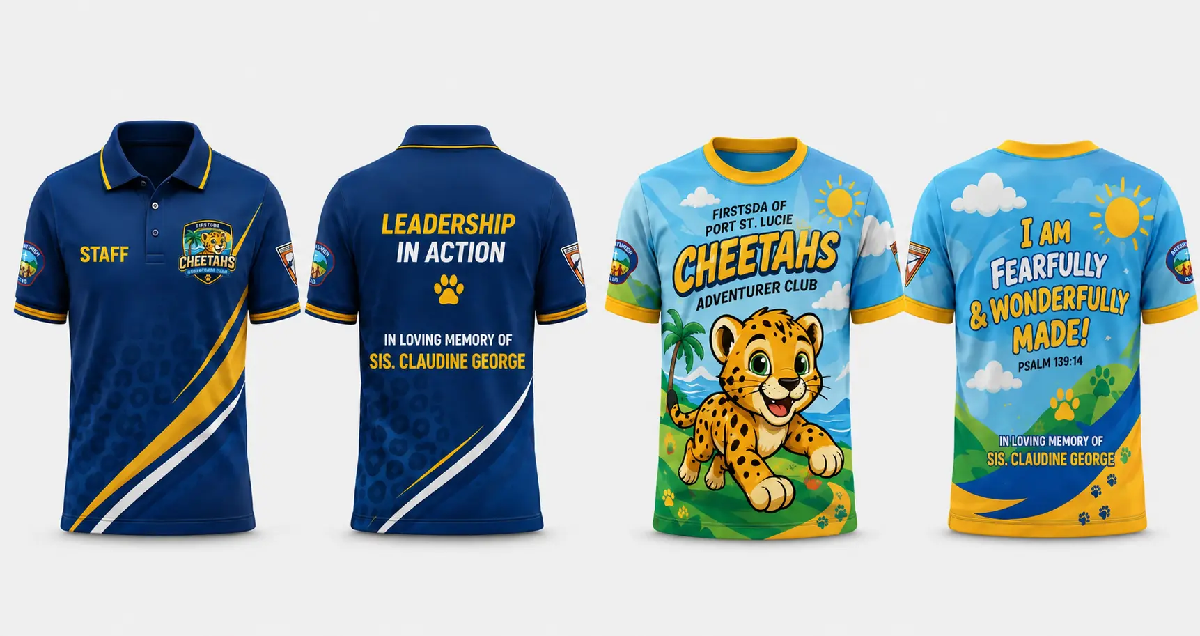 Cheetahs Adventurer staff polo and illustrated member crew-neck shirts shown in clean front and back views