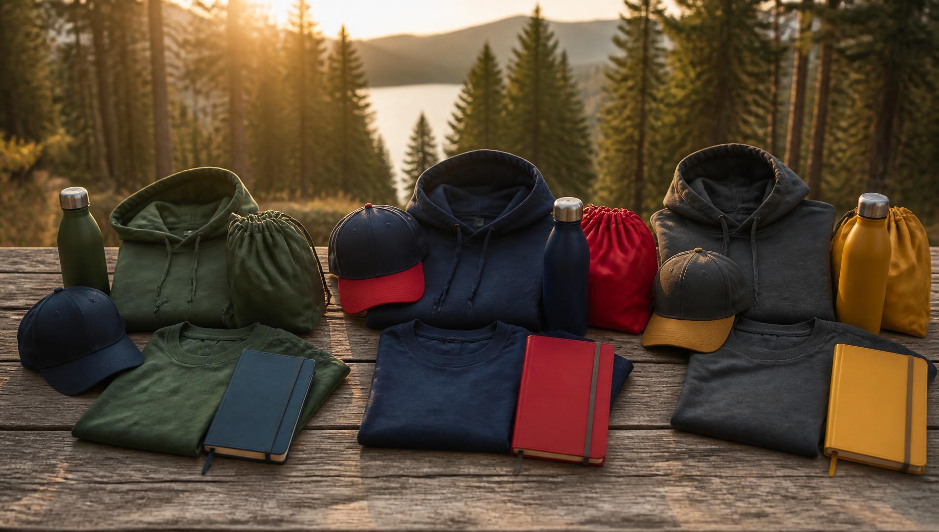 Outdoor camp gear staged on a mountain ridge at golden hour