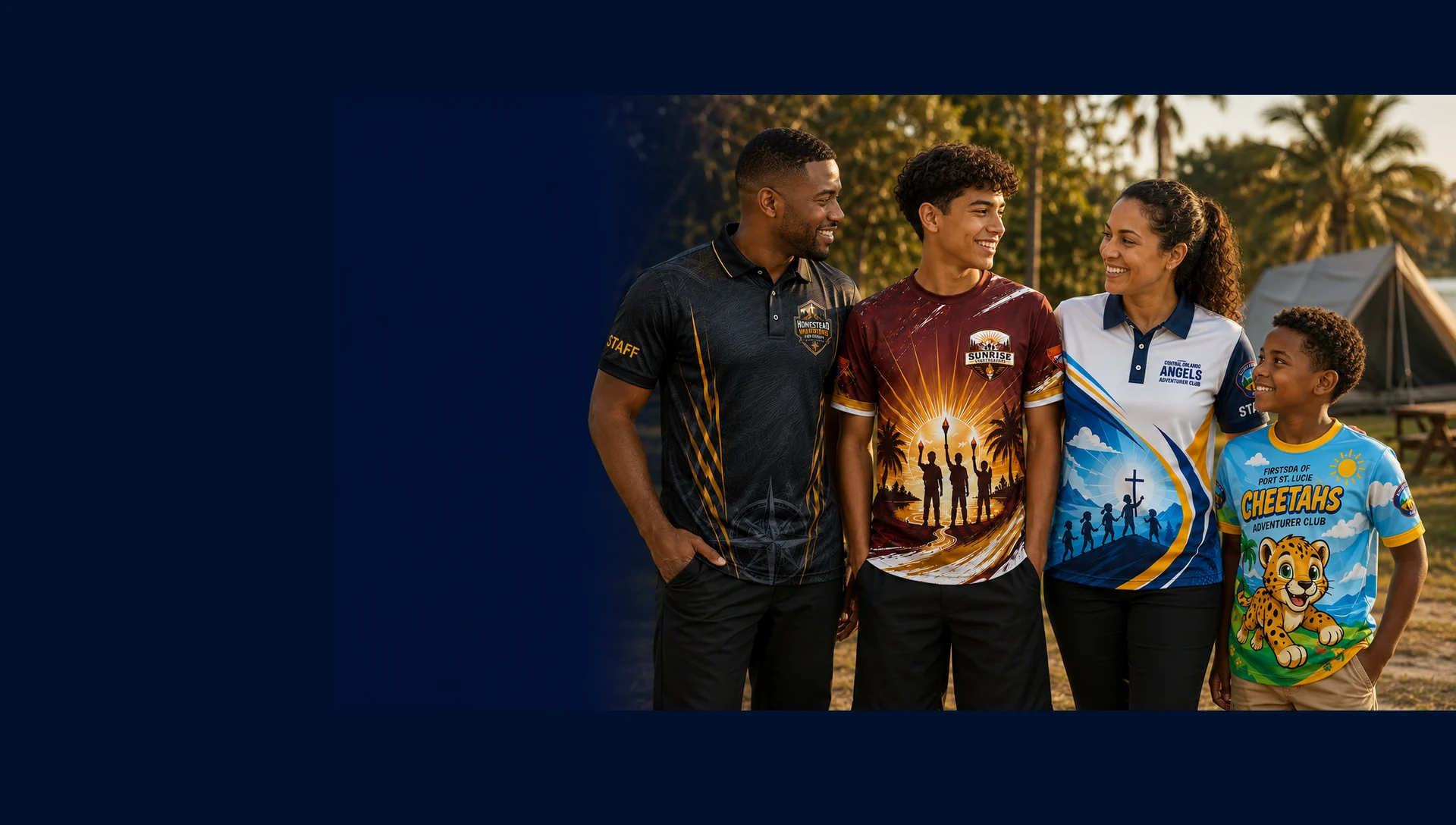 Club members and leaders wearing coordinated custom sublimated shirts at an outdoor campsite