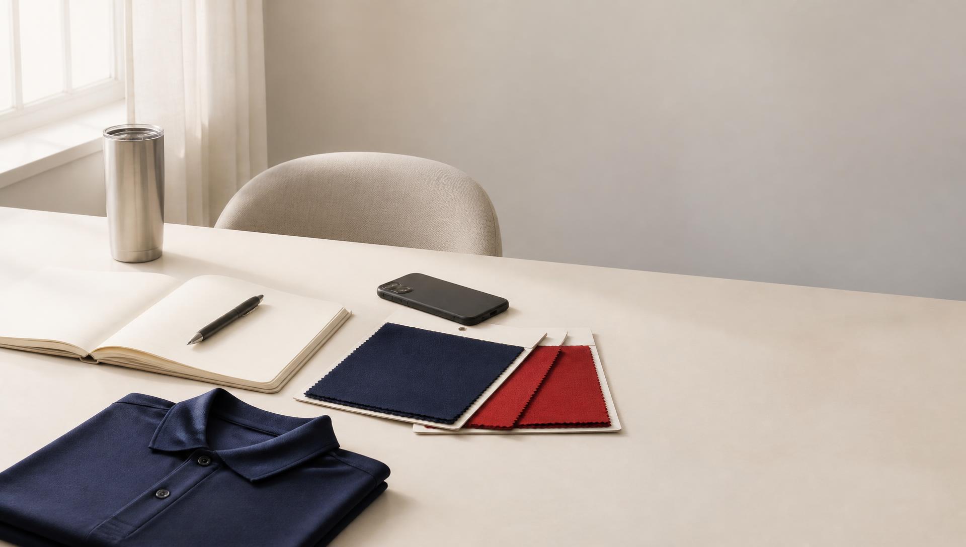 Minimal consultation desk with fabric swatches and color references