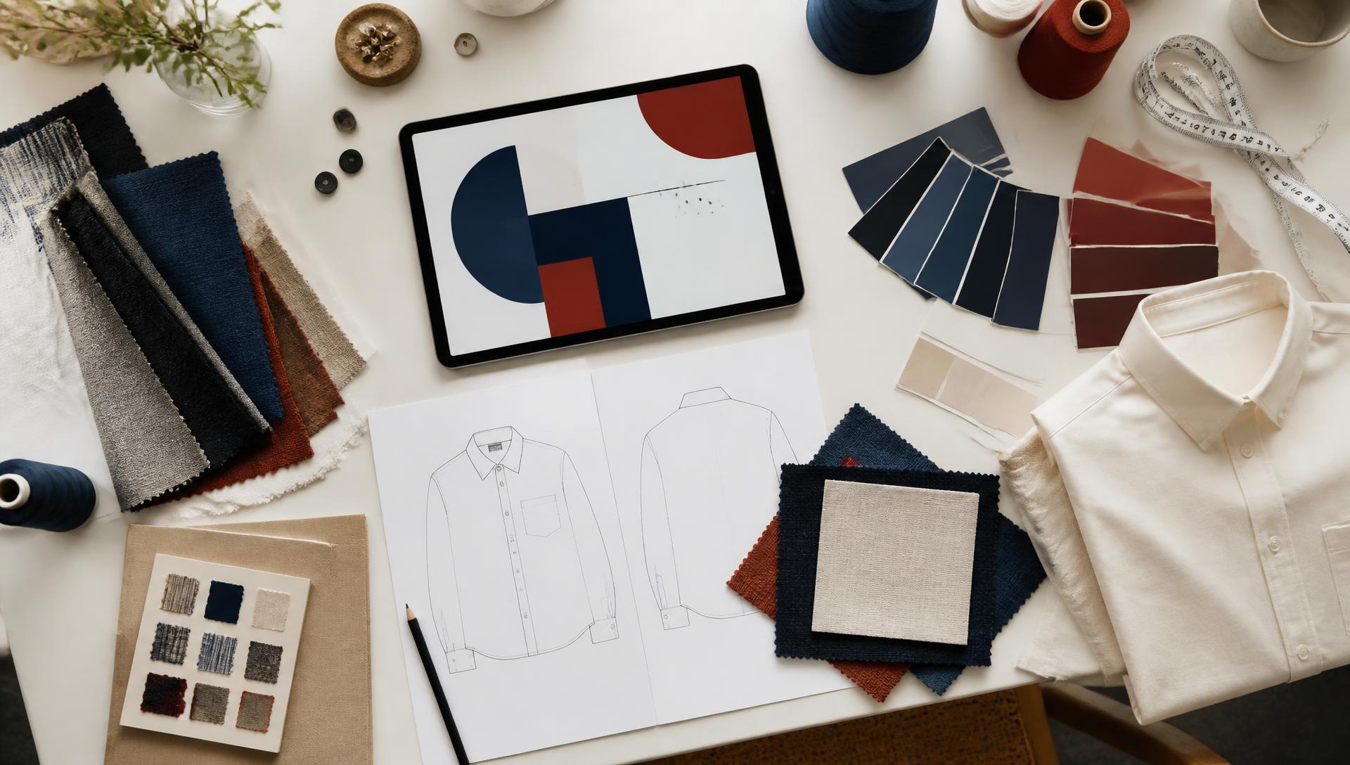 Designer's studio desk with layout materials and color references