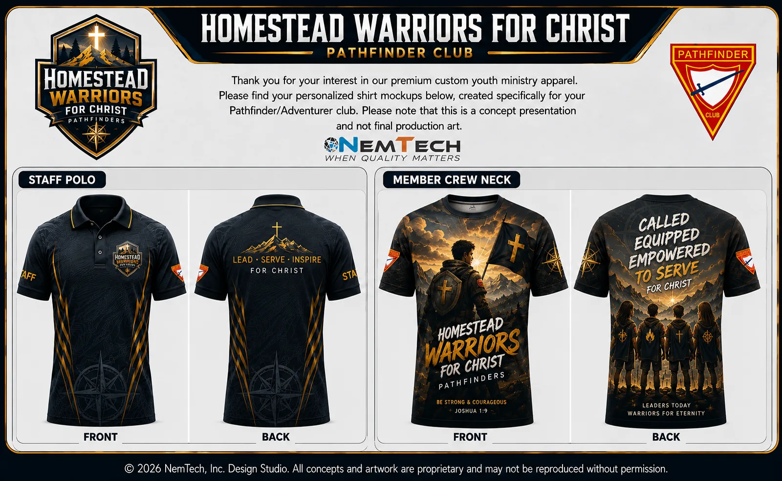 Club presentation showing coordinated shirts and printed materials