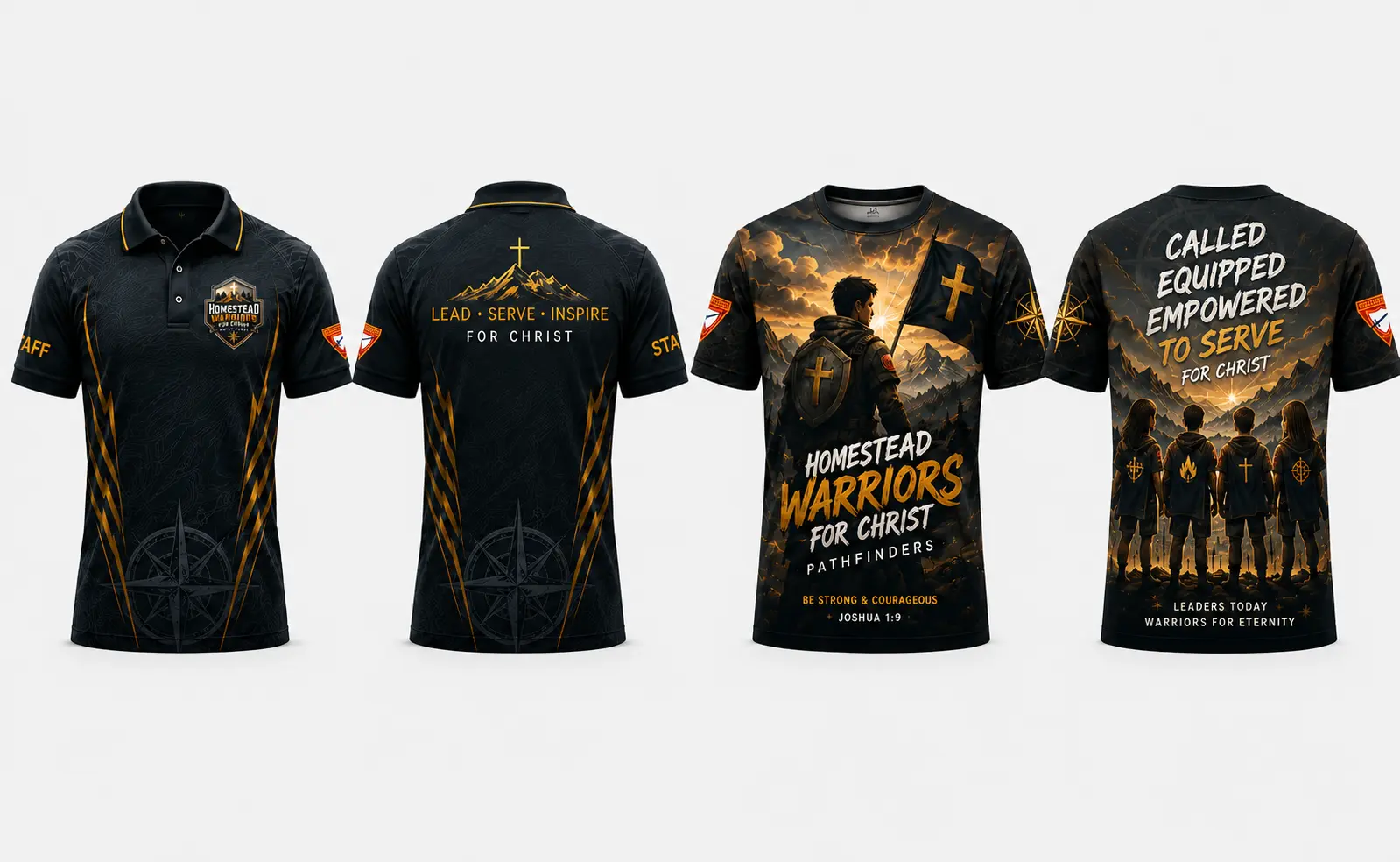 Black and gold Homestead Warriors staff polo and member crew-neck shirts shown in clean front and back views