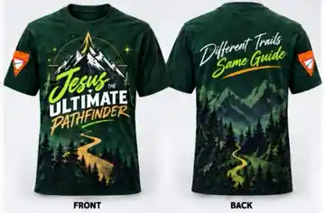 Approved Jesus the Ultimate Pathfinder crewneck artwork shown front and back