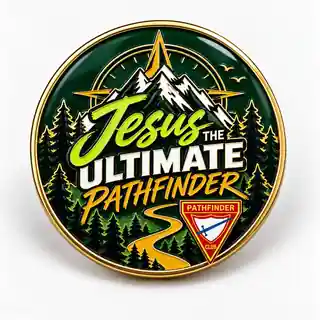 Approved round Jesus the Ultimate Pathfinder pin artwork