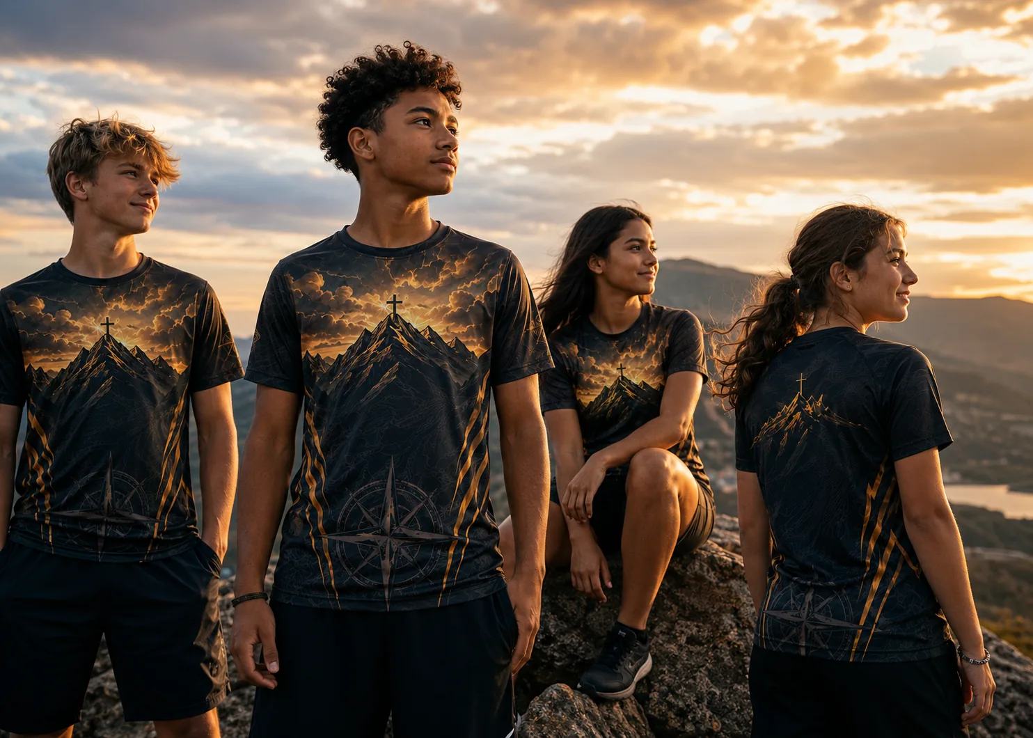 Four teens on a mountain overlook wearing black and gold sublimated Pathfinder shirts with mountain and compass artwork