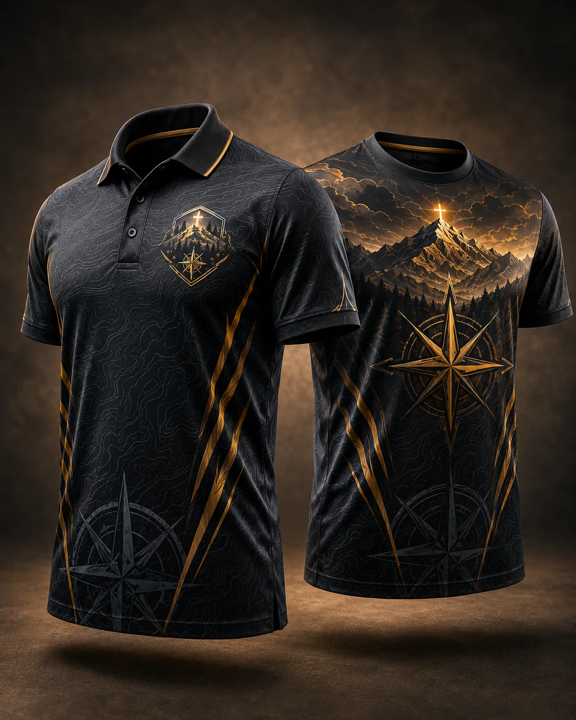 Studio view of a black and gold Pathfinder staff polo and member crew neck with compass and mountain artwork