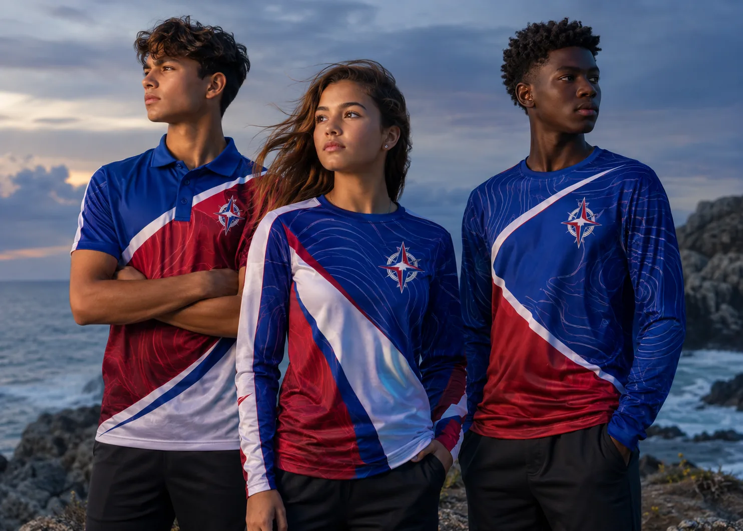 Three teens on a rocky coastline in royal blue, red and white sublimated Pathfinder tops