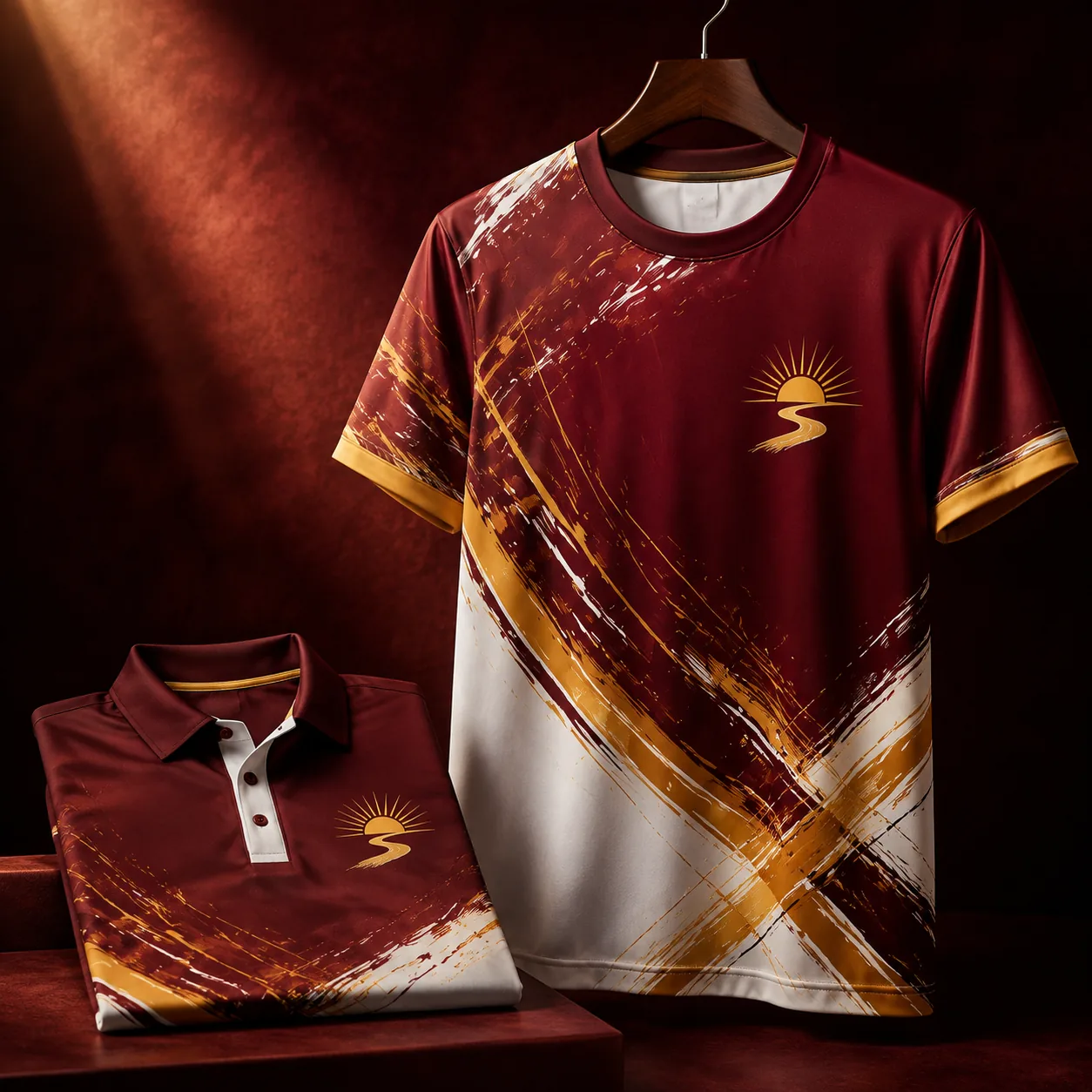 Maroon, gold and white sublimated crew neck and folded polo styled in a studio