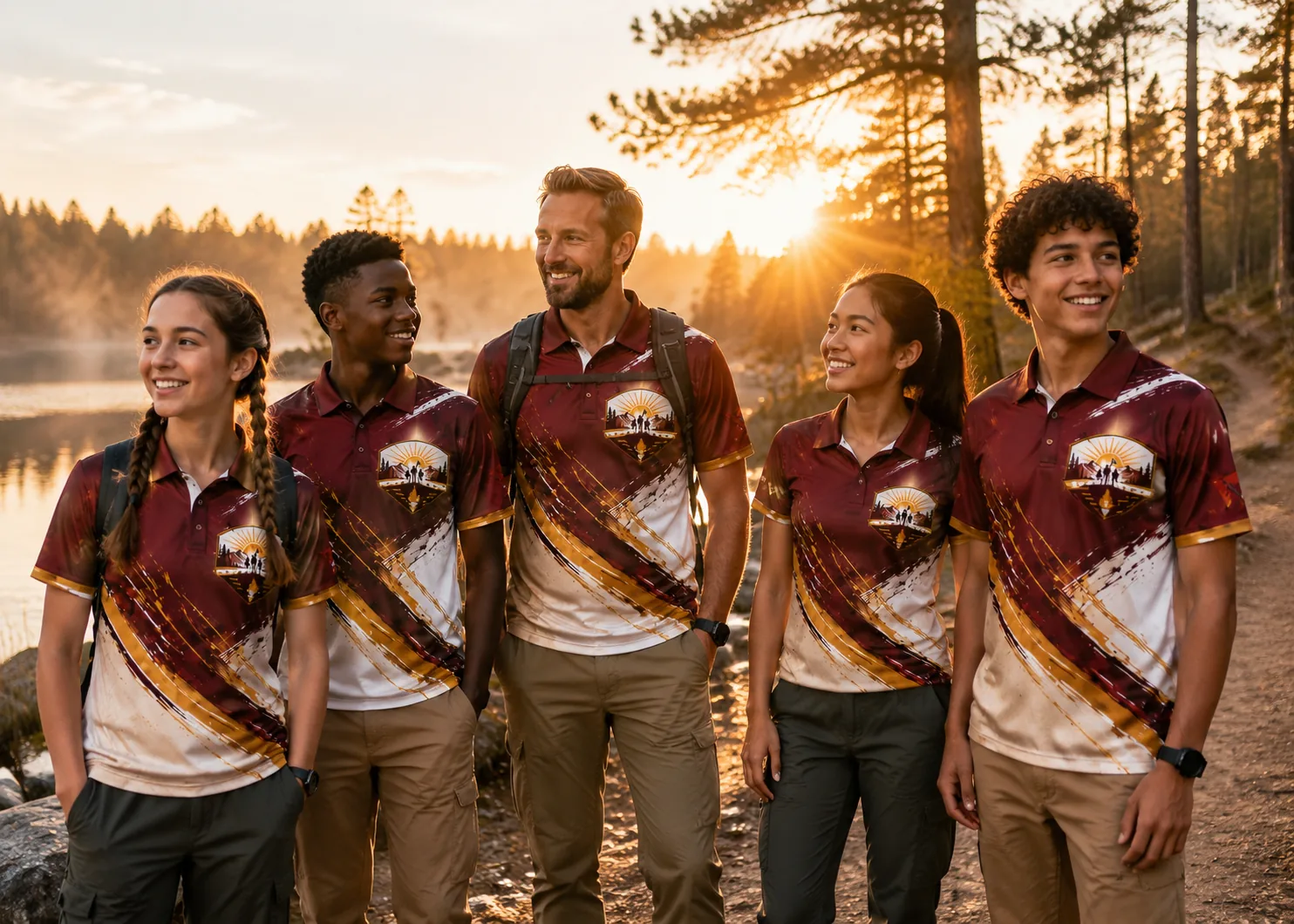 Five club members and a leader in maroon, white and gold sublimated Pathfinder polos at sunrise by a lake
