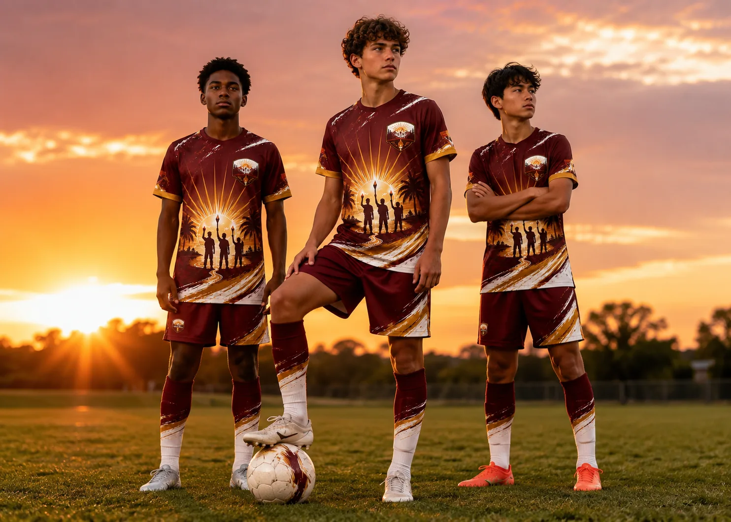 Three players on a field at sunset in maroon, gold and white sublimated soccer kits